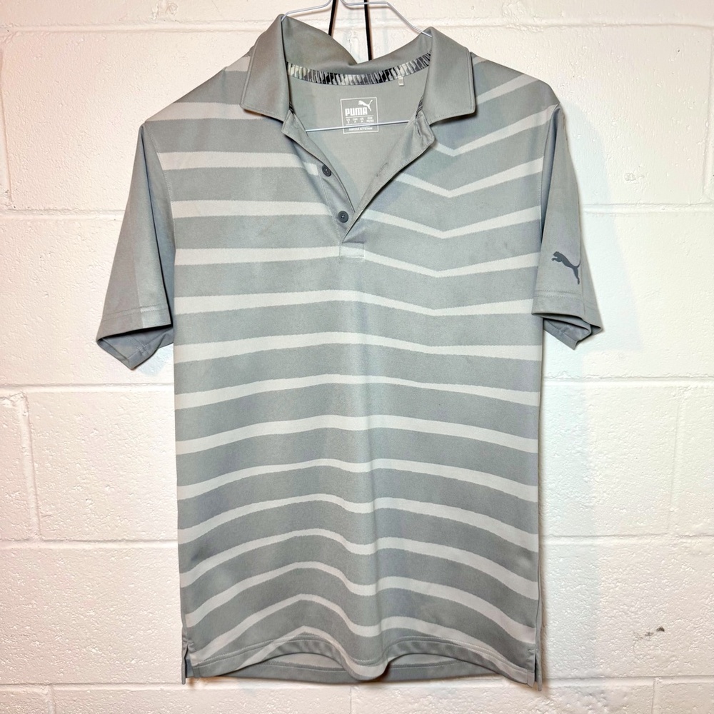Puma Men's Gray With White Stripes Tech Polo Shirt